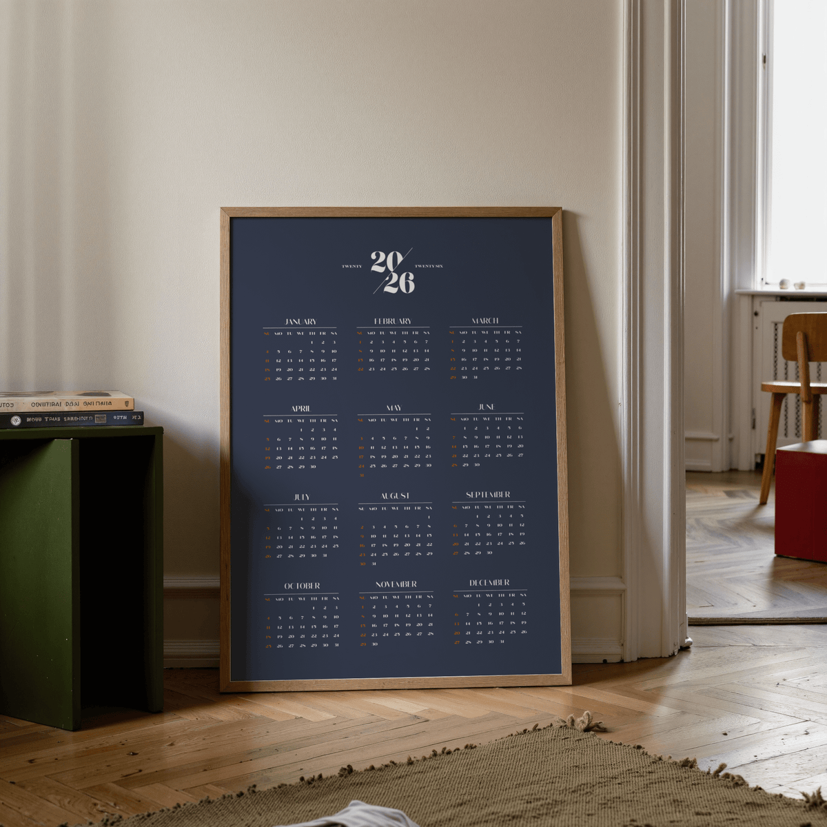 Minimalist Calendar wall art decor in Blue and White for entryway