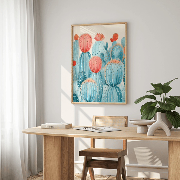 Bedroom decor Colorful Cactus Print with Blue and Pink cactus