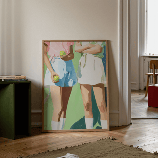 Painterly female athletes poster featuring simplified forms and large beige negative space