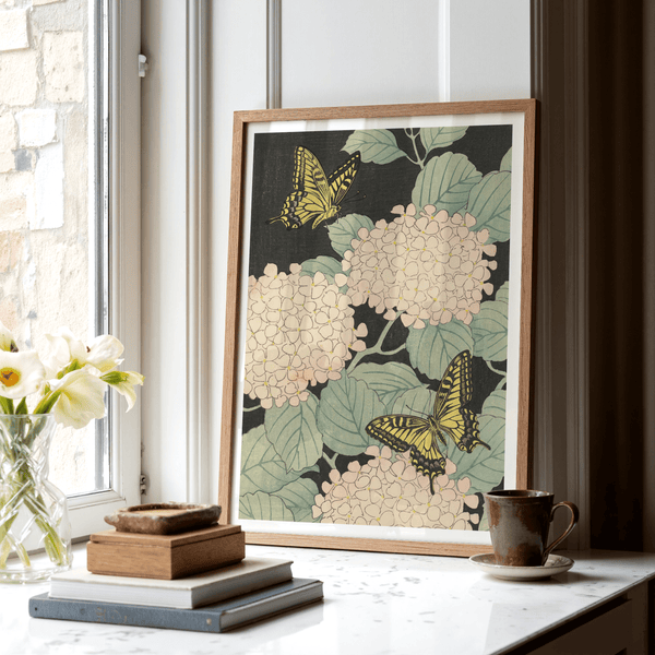 Butterfly Art Print featuring green leaves for modern decor