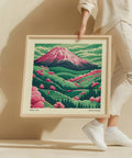 Yayoi Kusama-inspired Mount Fuji art print with cherry blossoms.