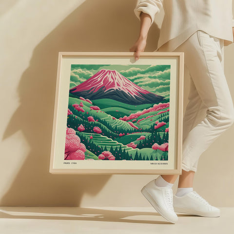 Yayoi Kusama-inspired Mount Fuji art print with cherry blossoms.