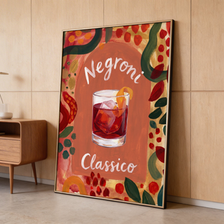 Framed Negroni Art Print displayed above kitchen bar counter