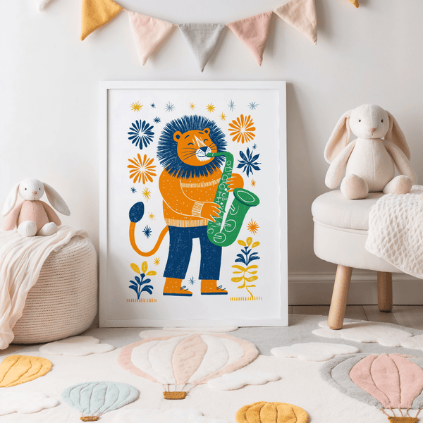Saxophone Lion Art Print, multicolored, whimsical theme, art print for playroom