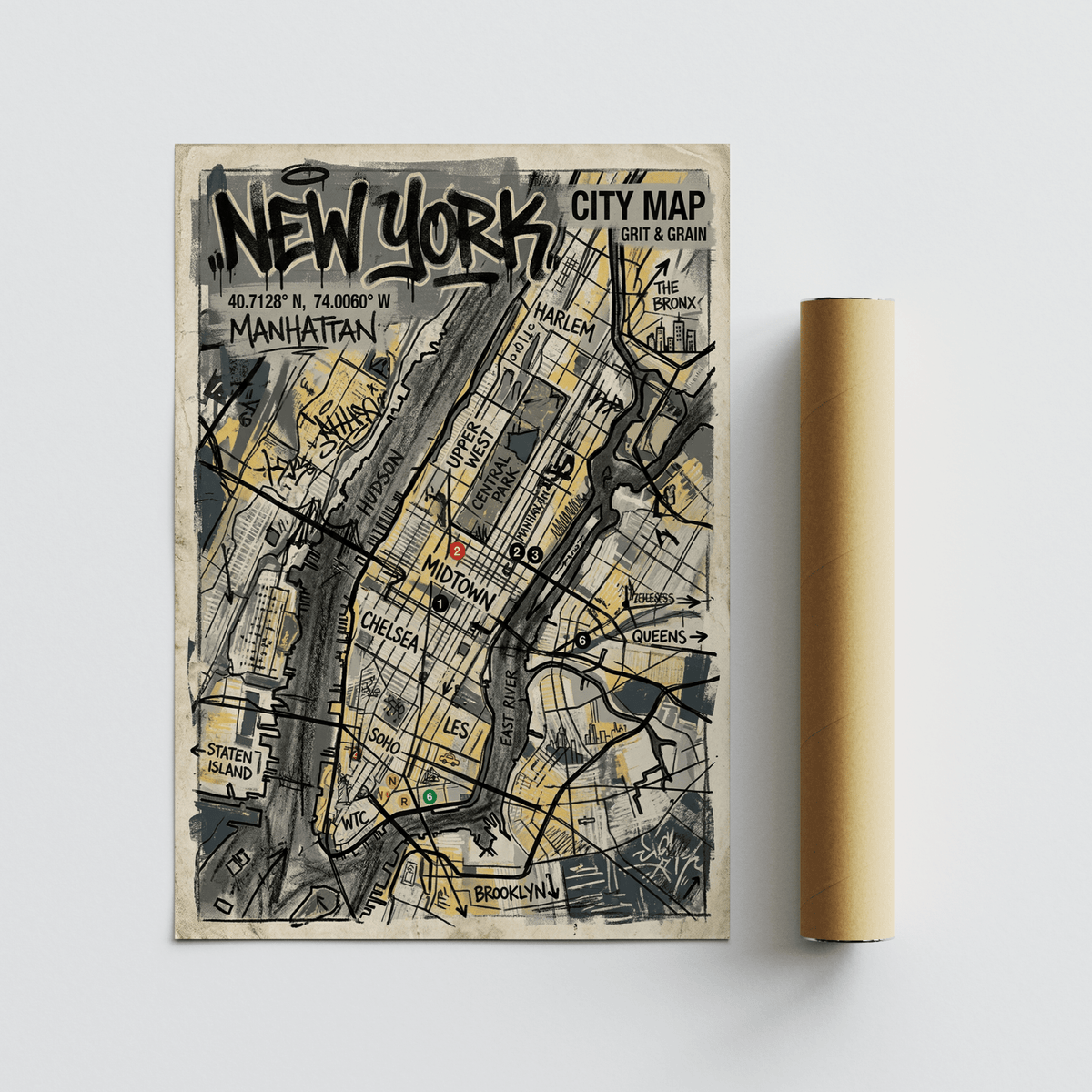 Typography-focused New York Graffiti Poster print featuring spray-paint lettering over map grid