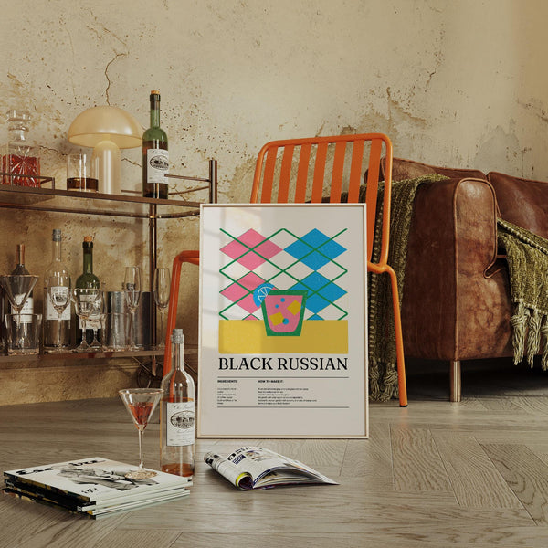 Black Russian cocktail print with vodka and ice cubes in stylized glass.