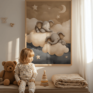 Baby Elephants Nursery Art wall art for a cozy nursery in gray and beige hues
