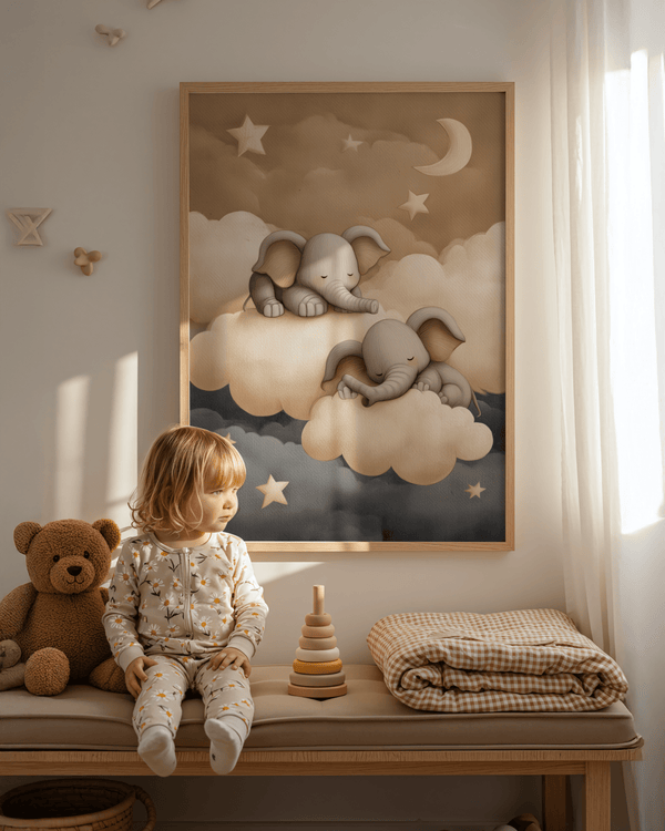 Baby Elephants Nursery Art wall art for a cozy nursery in gray and beige hues