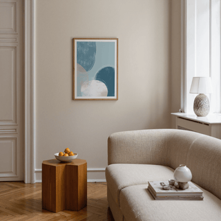 Minimalist geometric print poster showing overlapping rounded shapes and scuffed texture