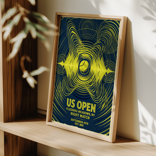 Typographic Us Open Art Print poster showing US OPEN Night Match details and a tennis ball emblem