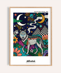 Front-view Wolf Galaxy Wall Art poster with moons, planets, stars, and mosaic pattern