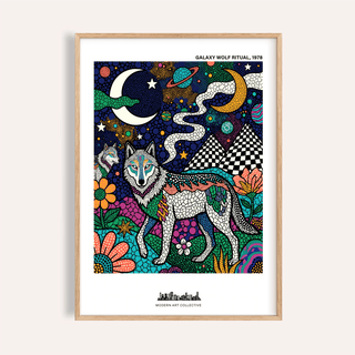 Front-view Wolf Galaxy Wall Art poster with moons, planets, stars, and mosaic pattern