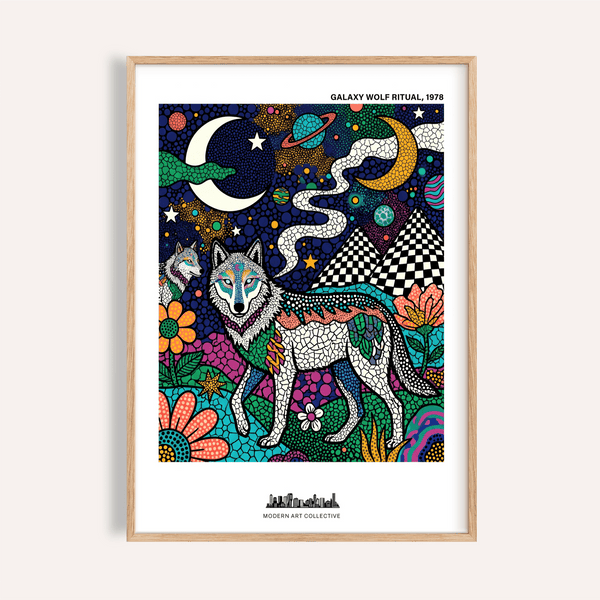 Front-view Wolf Galaxy Wall Art poster with moons, planets, stars, and mosaic pattern