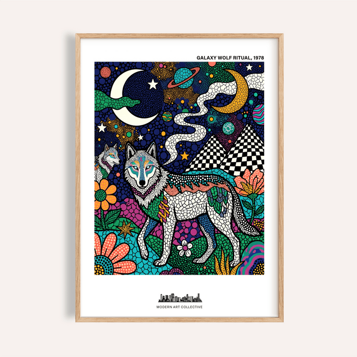 Front-view Wolf Galaxy Wall Art poster with moons, planets, stars, and mosaic pattern