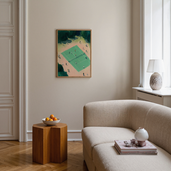 Angled view Tennis Court Wall Art print showing painted court markings and small players
