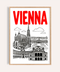 Bold Vienna Cityscape Print poster with red VIENNA text and black line skyline