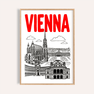 Framed Vienna Cityscape Print in red and black line-art leaning on a beige surface