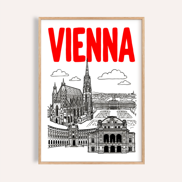 Bold Vienna Cityscape Print poster with red VIENNA text and black line skyline