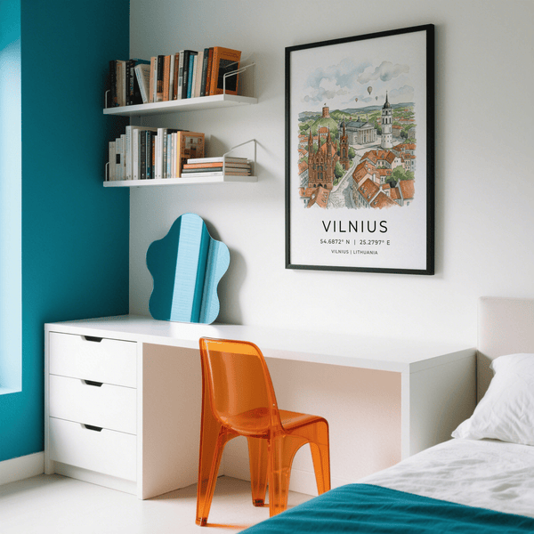 Lithuanian skyline illustration with clustered rooftops and bell tower