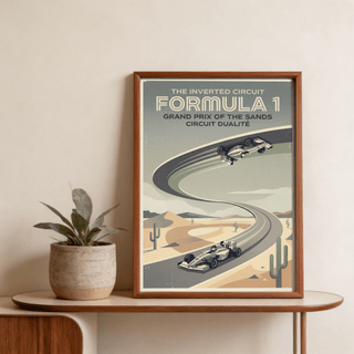 Highlighting two open-wheel cars on a curving track, Vintage Motorsports Poster wall print with retro racing typography