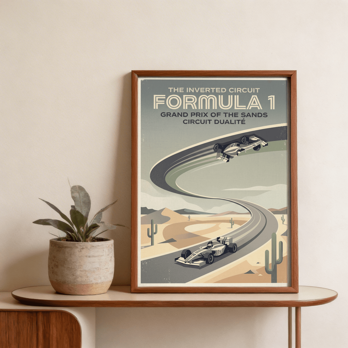 Highlighting two open-wheel cars on a curving track, Vintage Motorsports Poster wall print with retro racing typography