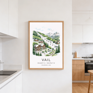 Alpine resort artwork displaying chairlift towers against rugged ridge