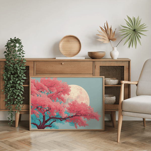 Japanese Moon Tree Art decorative print for Blue and Pink accent rooms