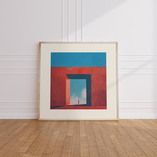 Surreal architectural artwork featuring a red portal and lone figure