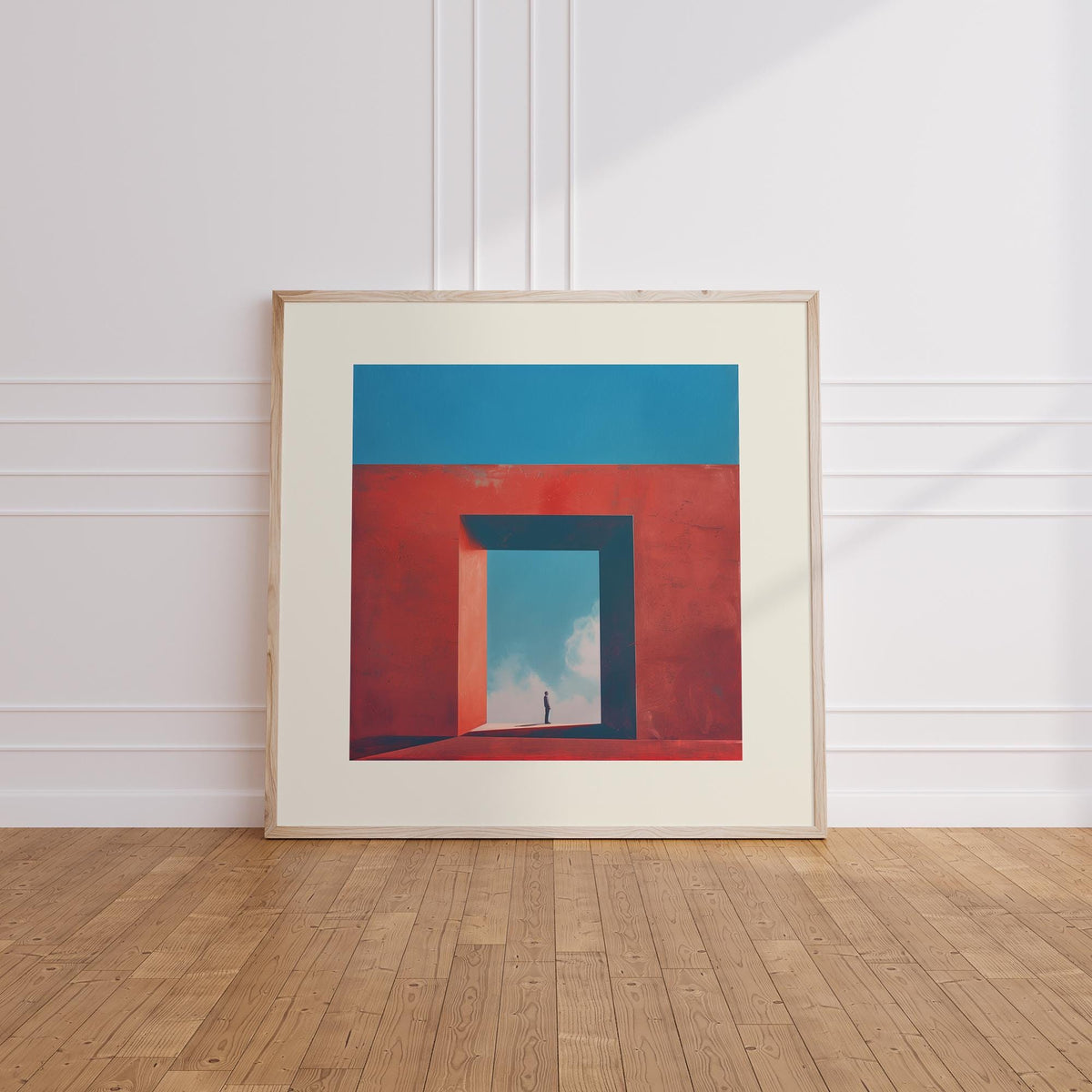 Surreal architectural artwork featuring a red portal and lone figure