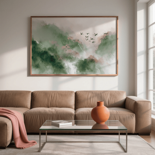 Watercolor Bird Print, Green Pink poster for hallway adornment