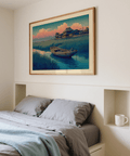 Soft Blue and Pink river scene with skiff and distant houses print