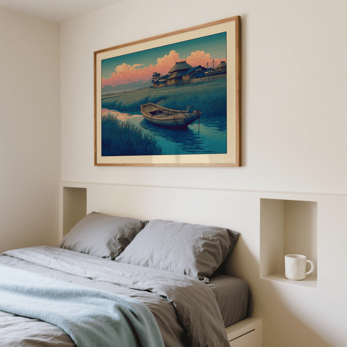 Soft Blue and Pink river scene with skiff and distant houses print