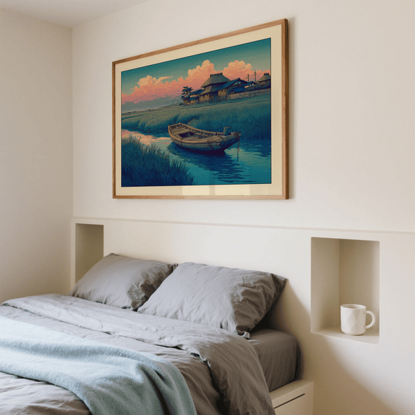 Soft Blue and Pink river scene with skiff and distant houses print