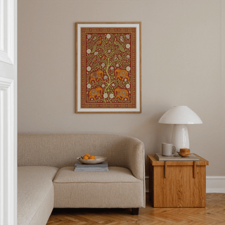 Vibrant Red background contrasting with Orange and Green leaves in folk artwork