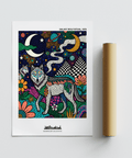 Detailed Wolf Galaxy Wall Art showing wolf face, ringed planet, stars, and large flowers