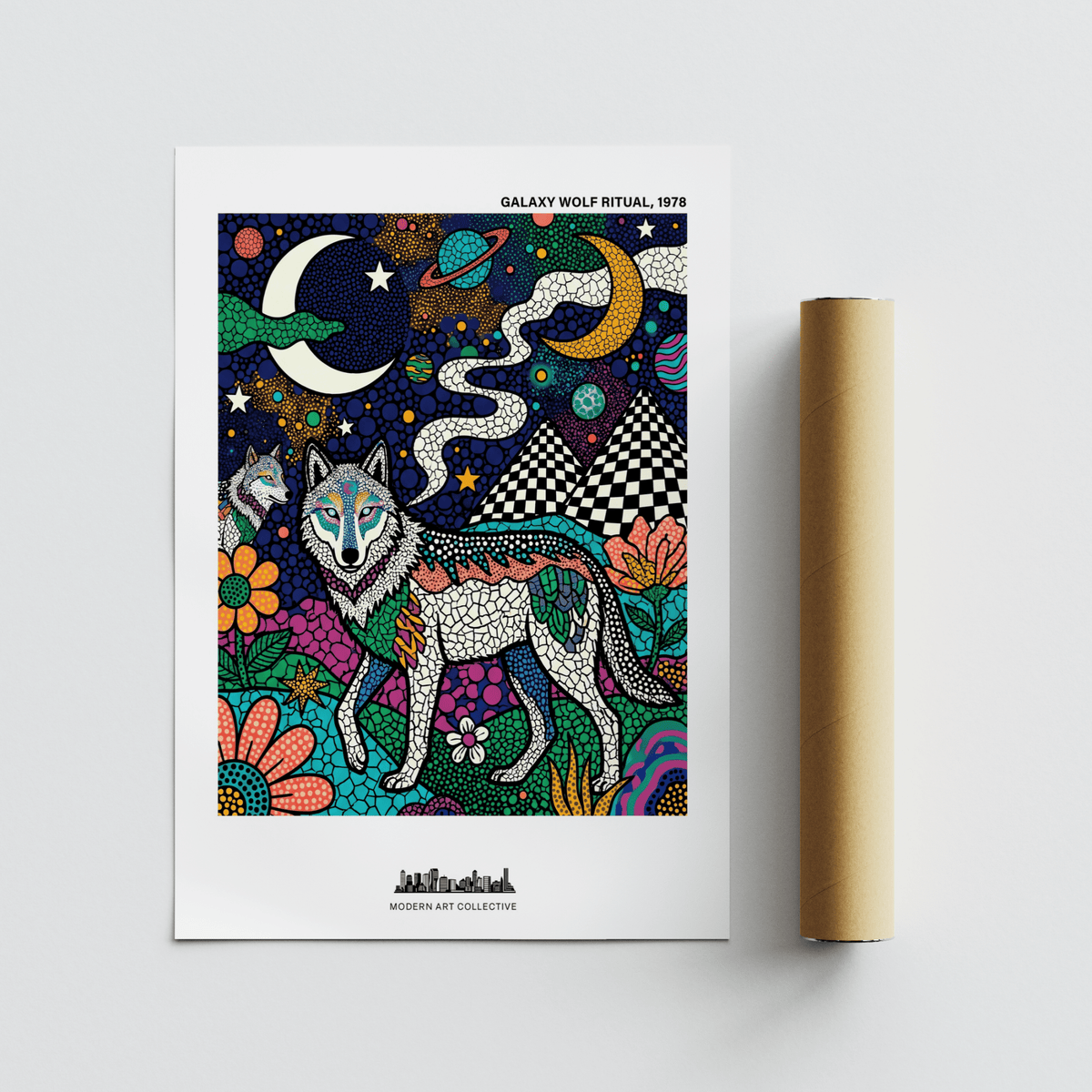 Detailed Wolf Galaxy Wall Art showing wolf face, ringed planet, stars, and large flowers