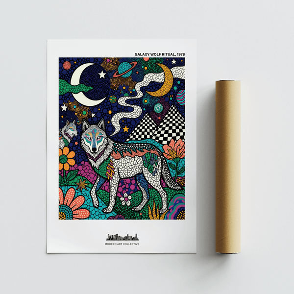 Detailed Wolf Galaxy Wall Art showing wolf face, ringed planet, stars, and large flowers