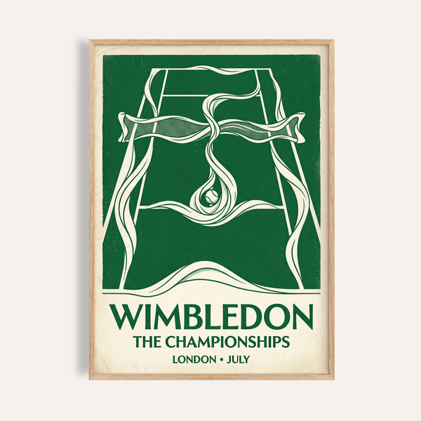 Framed view of Wimbledon Tennis Poster with stylized tennis court and ribbon lines