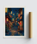Vintage Kyoto Japan Art with glowing shopfronts and traditional signage.