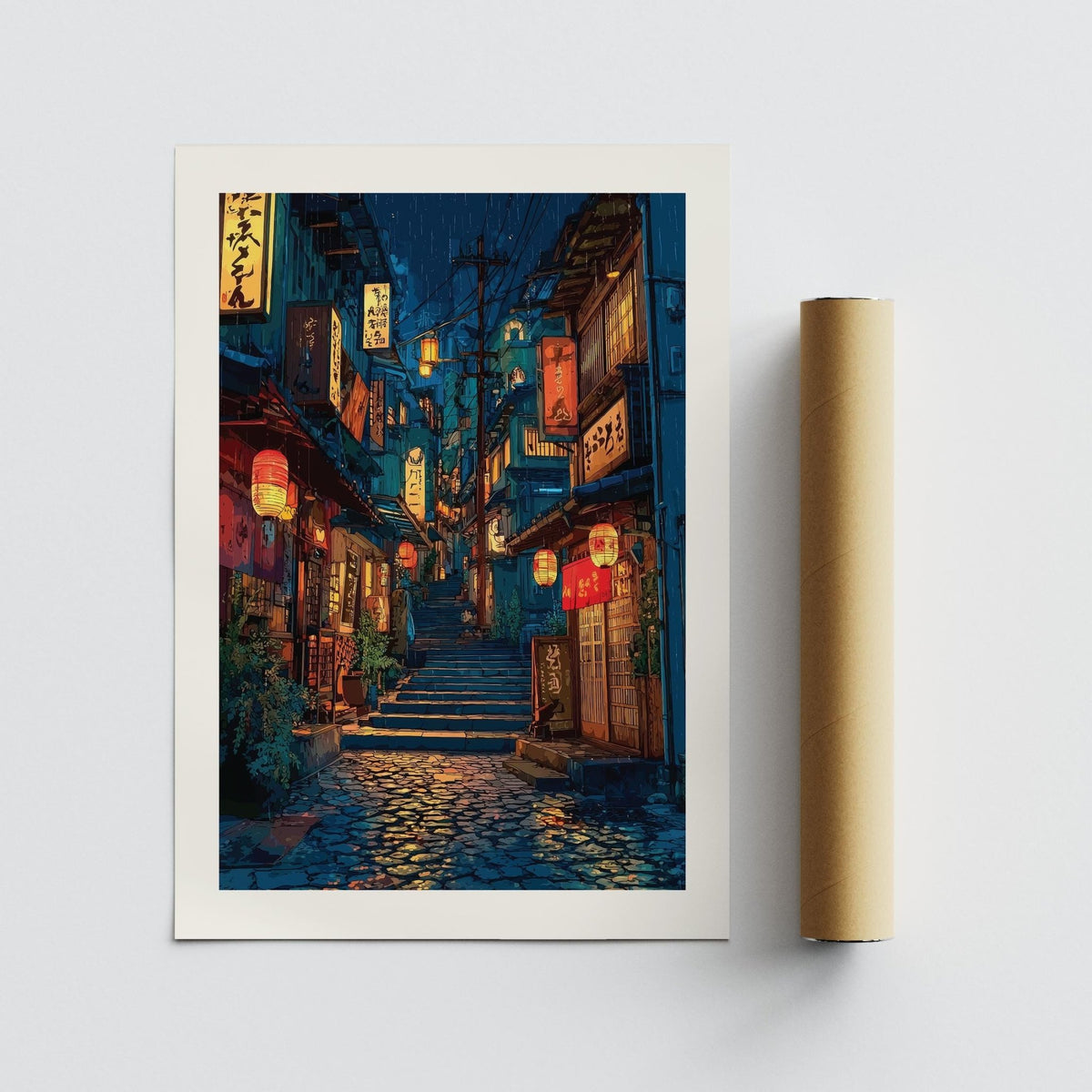 Vintage Kyoto Japan Art with glowing shopfronts and traditional signage.