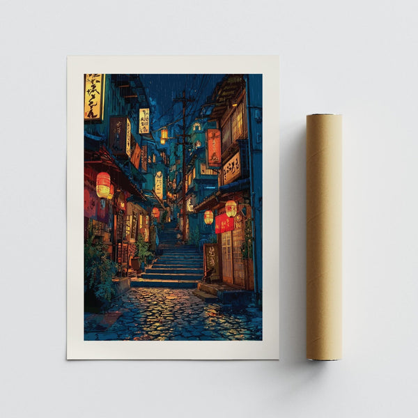 Vintage Kyoto Japan Art with glowing shopfronts and traditional signage.