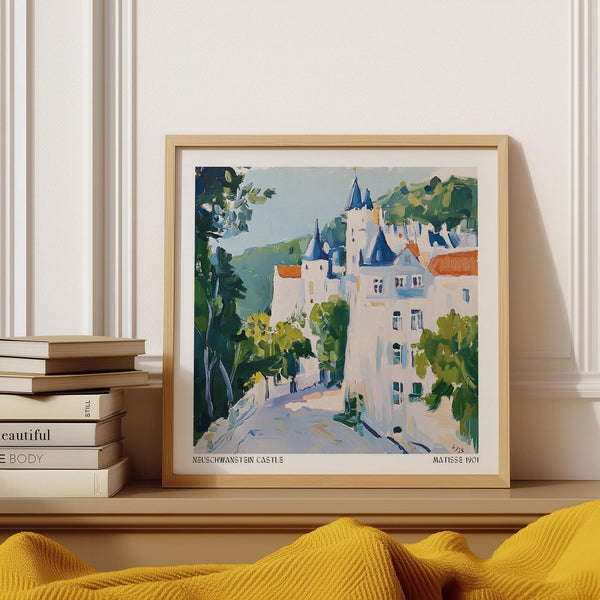 Medieval castle art featuring Neuschwanstein with painterly trees and path.