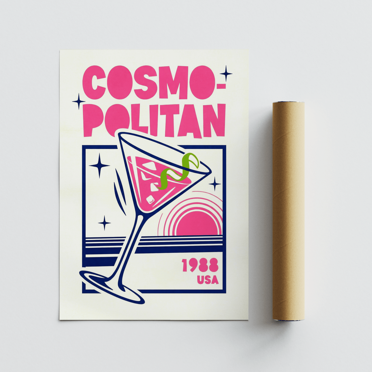 Cosmopolitan Cocktail Art Print featuring Pink and Blue for dining area poster