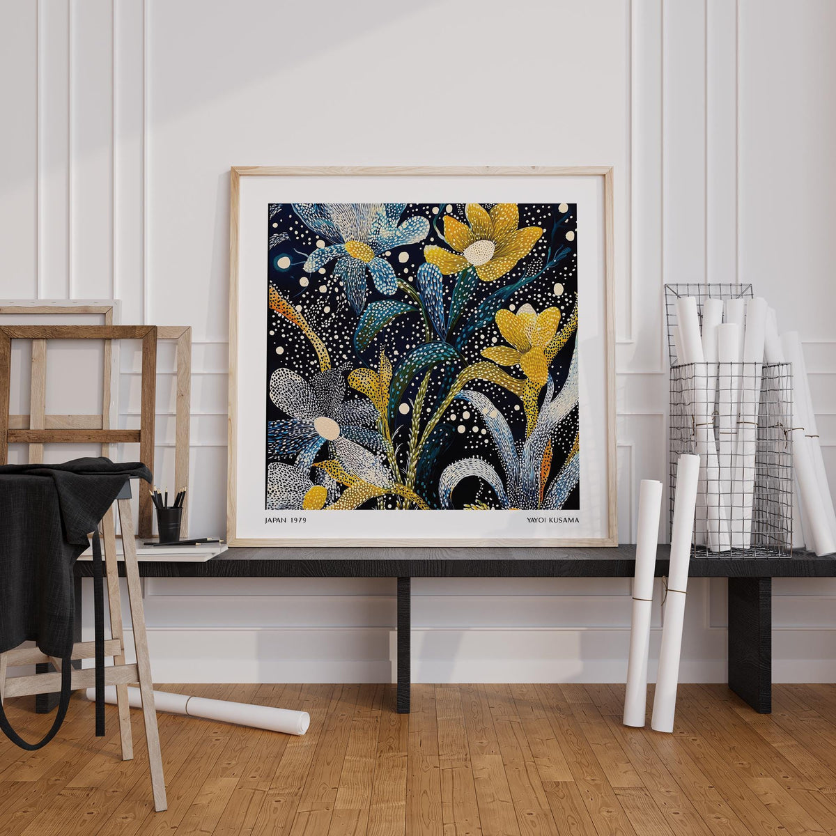 Square floral print inspired by Yayoi Kusama with bold petal shapes.