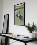 Foreground golf ball and putter wall art print with crisp edges and flat shapes