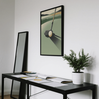 Foreground golf ball and putter wall art print with crisp edges and flat shapes