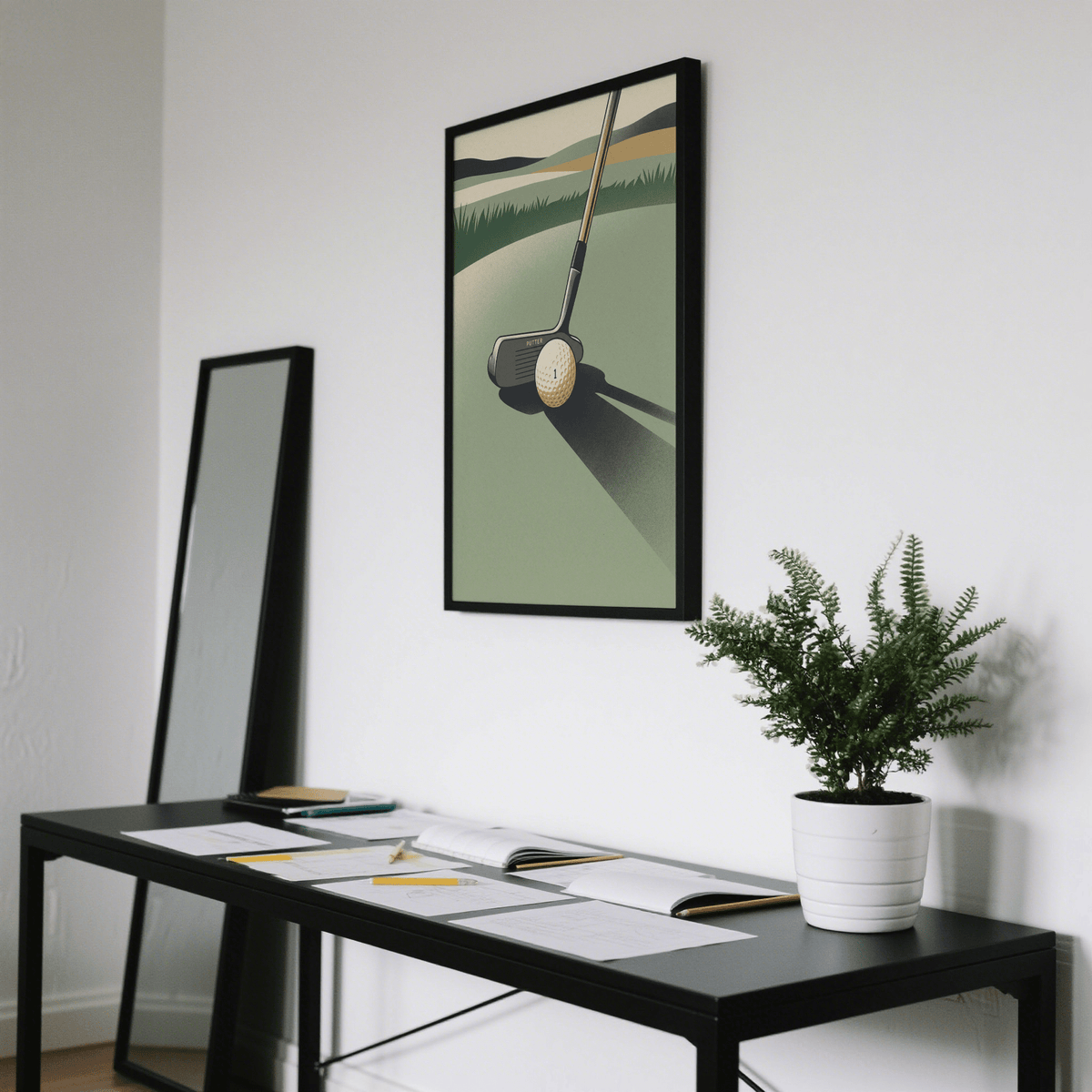 Foreground golf ball and putter wall art print with crisp edges and flat shapes