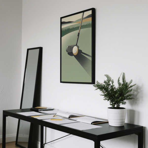 Foreground golf ball and putter wall art print with crisp edges and flat shapes