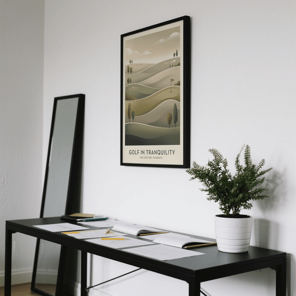 Vintage-style golf course poster print featuring a ball on the green and distant figures