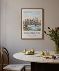 Framed view New York City Wall Art resting on a shelf in modern interior